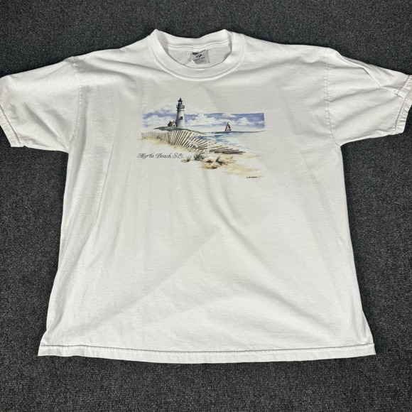 Hanes Other - Vintage Myrtle Beach SC T Shirt White Watercolor Lighthouse Sailboat Beach Scene